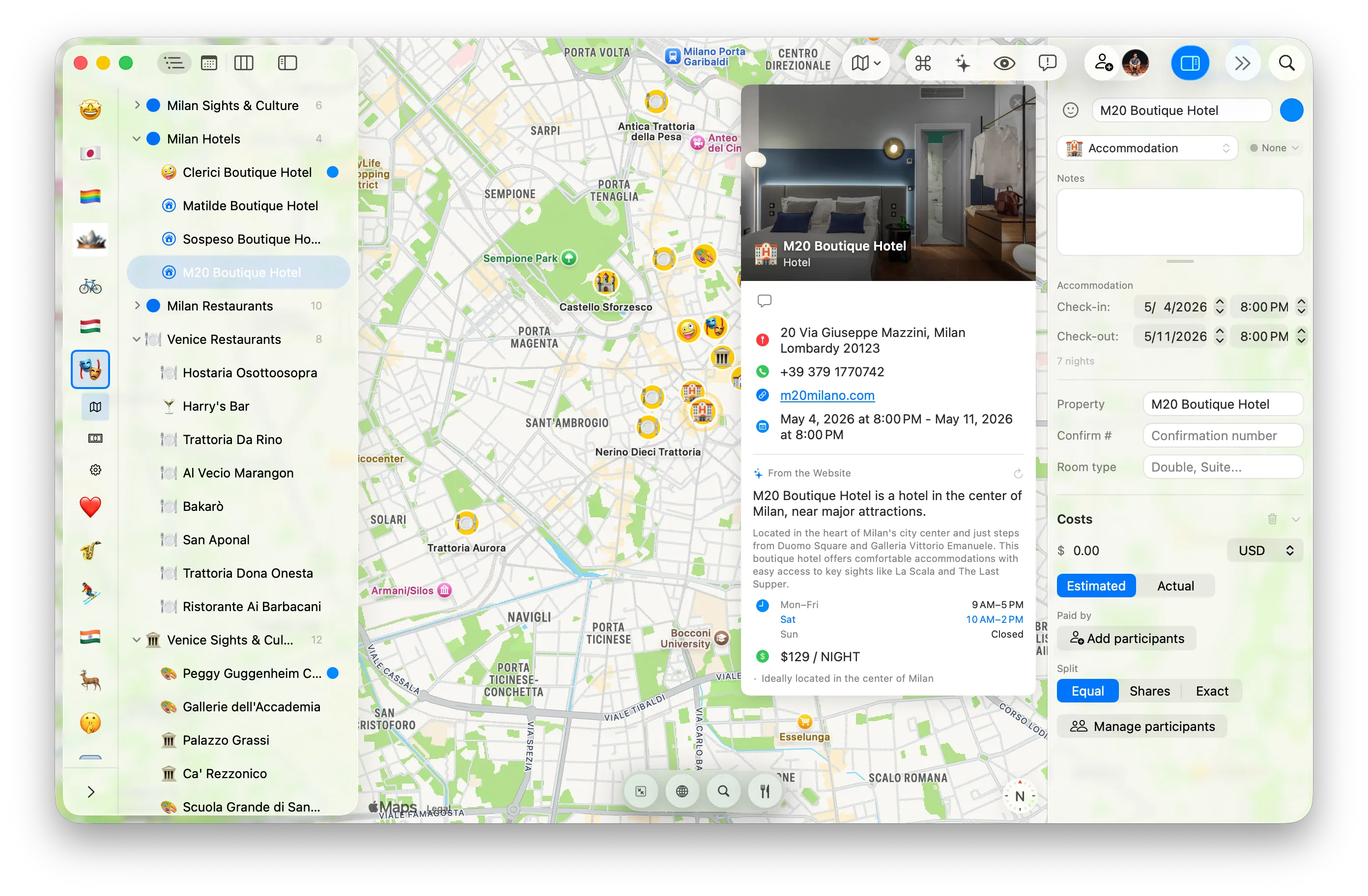 Trips for Mac showing a Milan itinerary with sidebar, map, and inspector pane